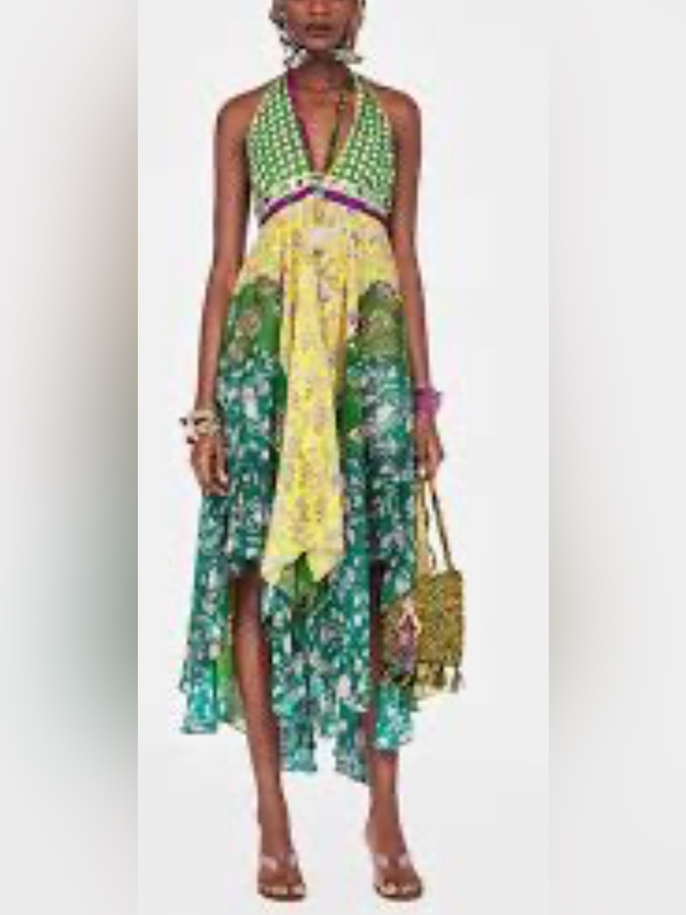 ZARA Asymmetrical Patchwork Green Boho Bloggers Favorite Halter Dress - Picture 3 of 8